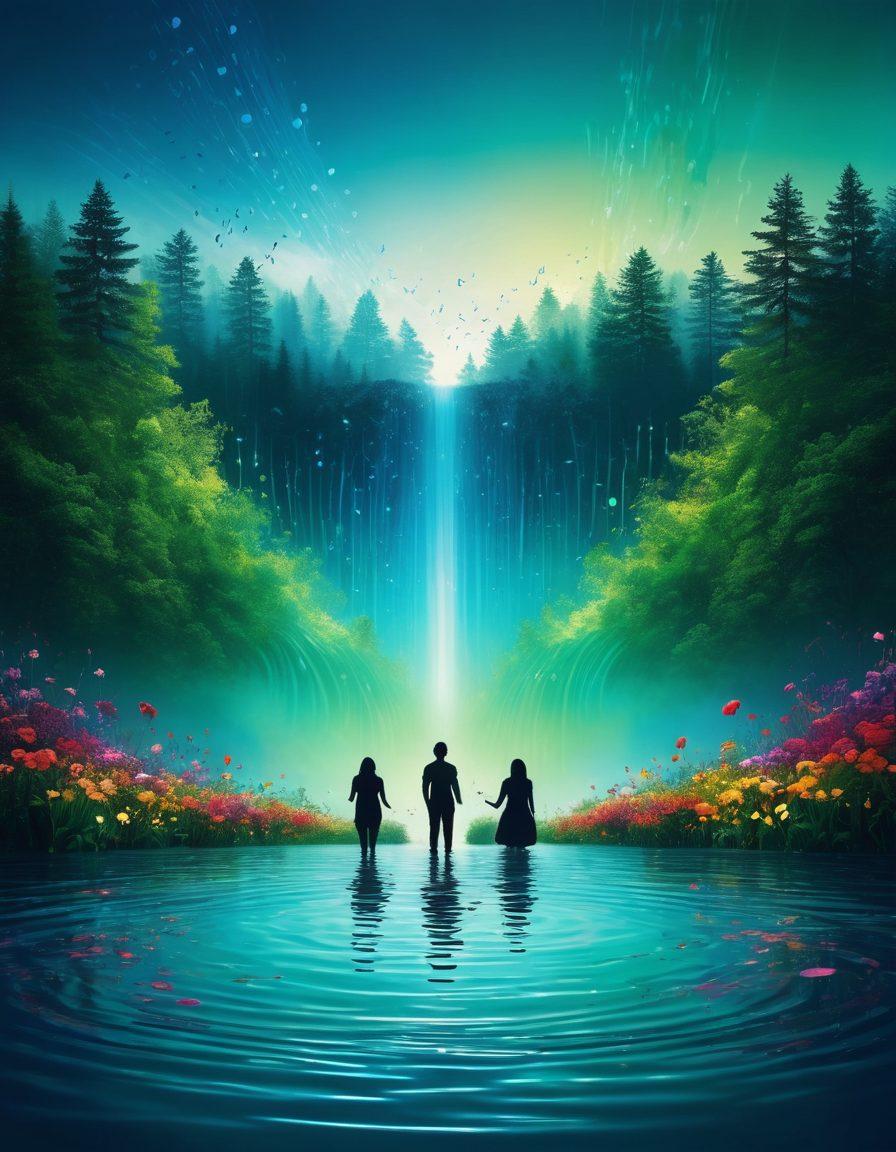 A vibrant musical landscape featuring colorful sound waves flowing through a serene environment, with silhouettes of people enjoying music in different forms. Integrate elements symbolizing sound vibrations impacting the world around them, such as flowers blooming and ripples in water. Include varying shades of blue and green to signify auditory health. artistic rendition, surreal style, bright colors, soft lighting.