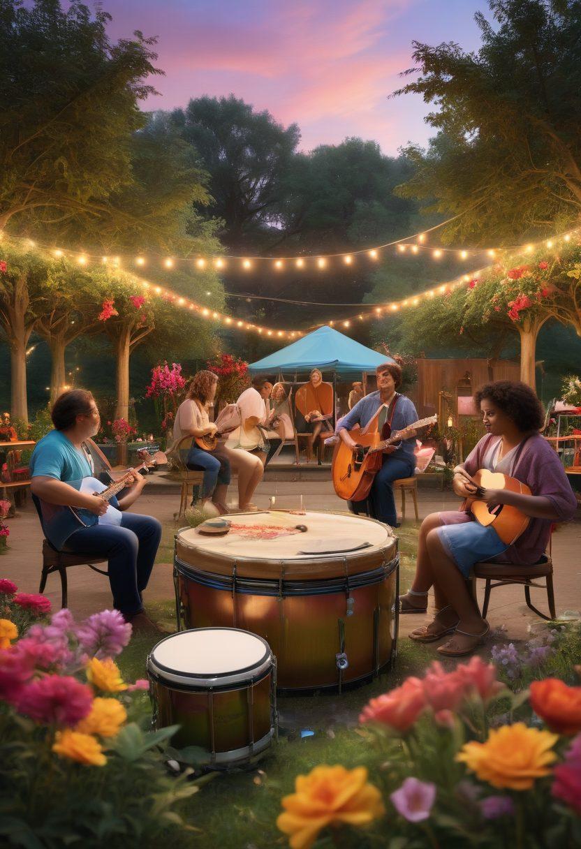 A serene community gathering under soft twilight, where individuals of all ages use sign language and vibrant visual cues to share music experiences. Incorporate colorful instruments like drums and guitars surrounded by blooming flowers, showcasing harmony and connection. Include a radiant rainbow in the sky symbolizing inclusivity and joy. super-realistic. vibrant colors. community-focused.